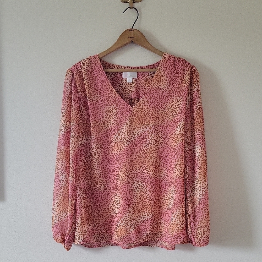 Belle by Kim Gravel Mixed Media Animal Print Blouse Pink Orange Size Small S